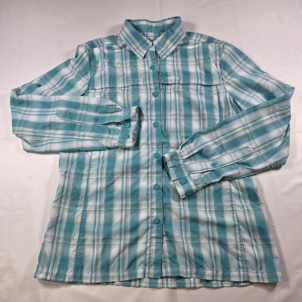 LL Bean Womens Small Plaid Technical Hiking Shirt Vented Back Aqua 506269